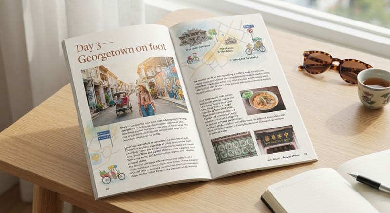 The Malaysia Plan lying open at the Georgetown walking route, with its map spread across the facing page